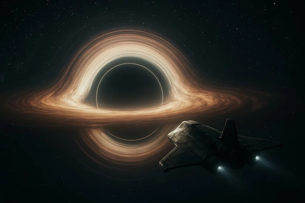 Kosmická loď nad Gargantuou, inspirováno filmem Interstellar